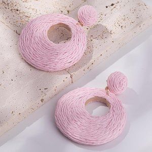 Pastel Pale Pink Rattan Earrings Chunky Wicker Raffia Dangle Hoop Vacation New